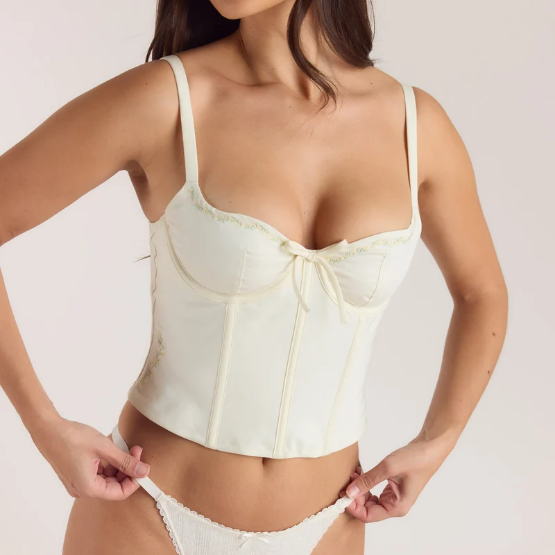 Bestickter Korsett-Top mit Blumenmuster - Buttercreme