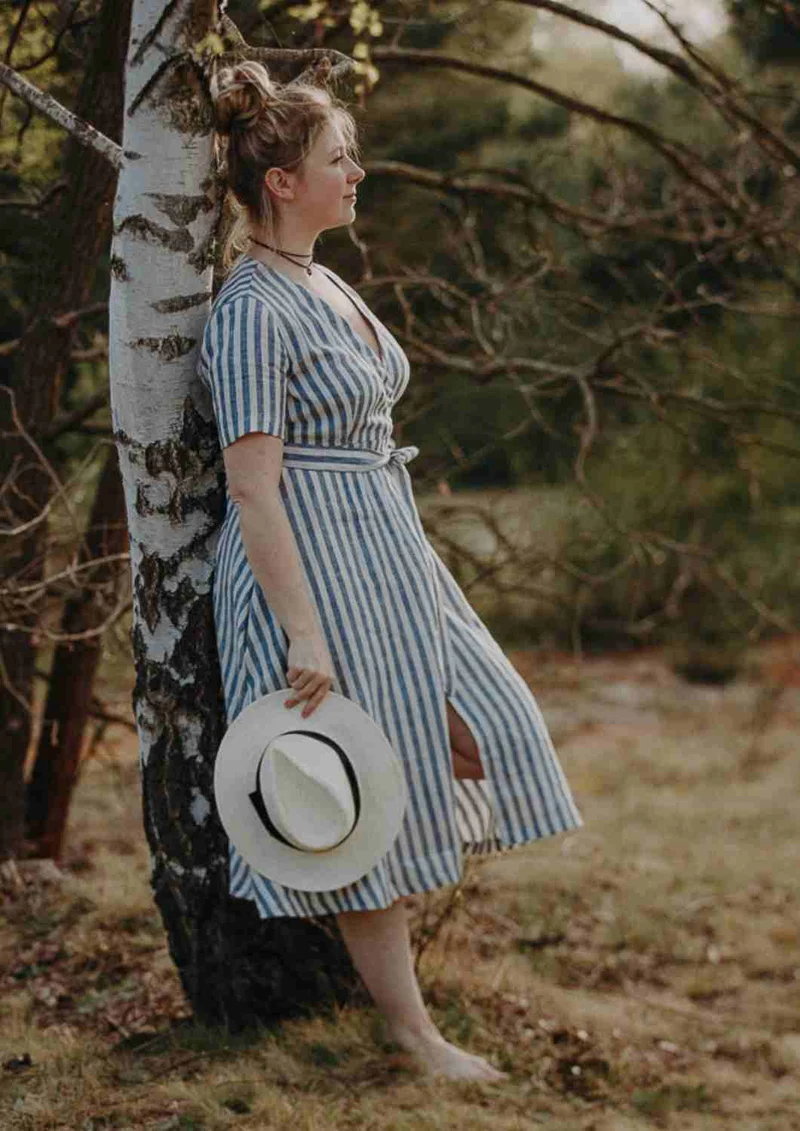 Wickelkleid Leinen "Ranunkel" für Damen, kurze Ärmel