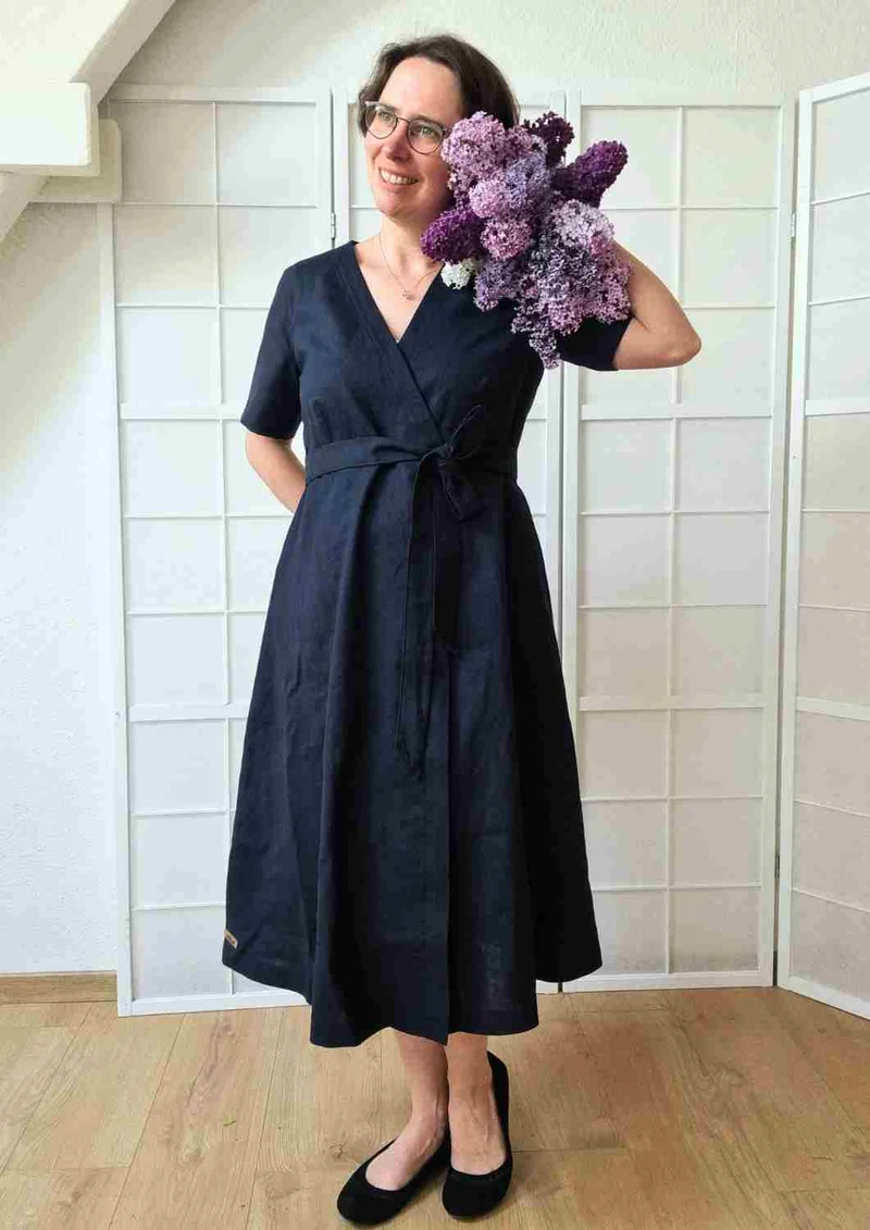 Wickelkleid Leinen "Ranunkel" für Damen, kurze Ärmel