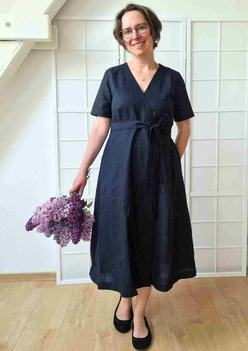 Wickelkleid Leinen "Ranunkel" für Damen, kurze Ärmel