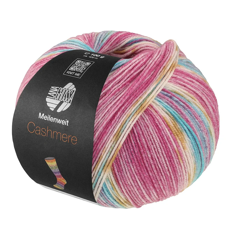 Lana Grossa Meilenweit 100 Cashmere Pista 146 Hell-/Dunkelfuchsia/Weiß/Ocker/Türkis/Hellblau gestreift