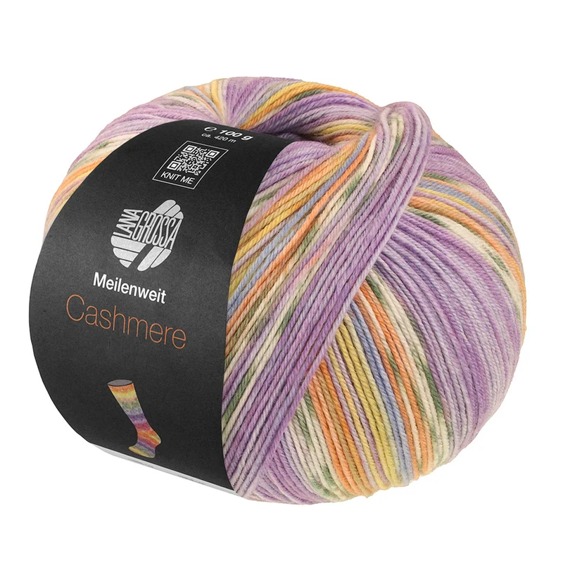 Lana Grossa Meilenweit 100 Cashmere Pista 145 Flieder/Violett/Weiß/Graugrün/Orange/Himmelblau/Zitronengelb gestreift