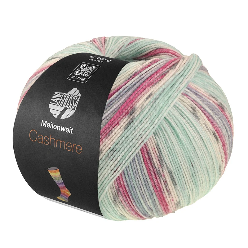 Lana Grossa Meilenweit 100 Cashmere Pista 142 Mint/Türkis/Weiß/Grau/Hellblau/Fuchsia gestreift