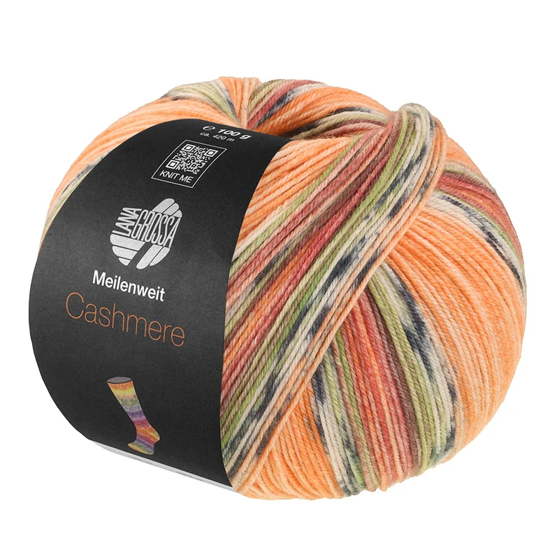 Lana Grossa Meilenweit 100 Cashmere Pista 141 Orange/Hell-/Dunkelgrau/Braunorange/Hellgrün/Heidekraut/Brombeere/Graubraun gestreift