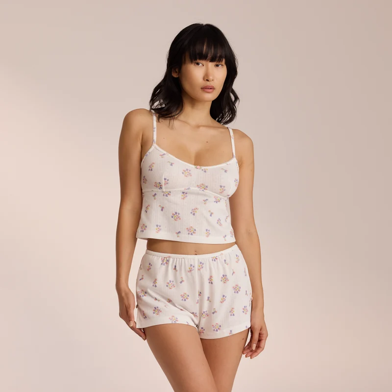 Pointelle Cami Pyjamatop - Florales Weiß