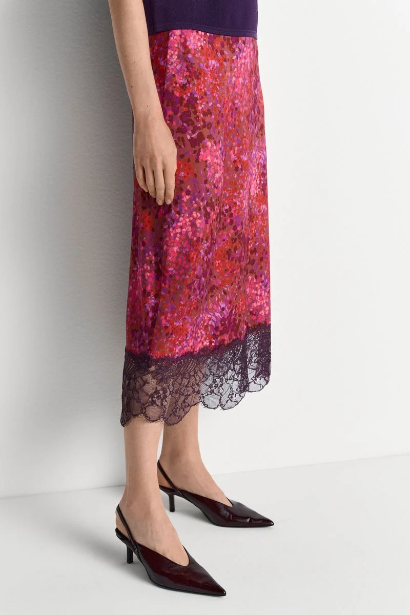 Printed Satin Midi Skirt with Lace