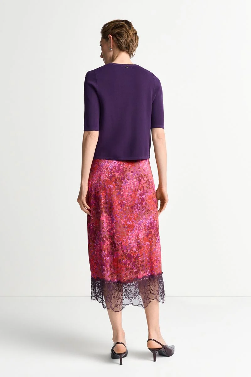 Printed Satin Midi Skirt with Lace