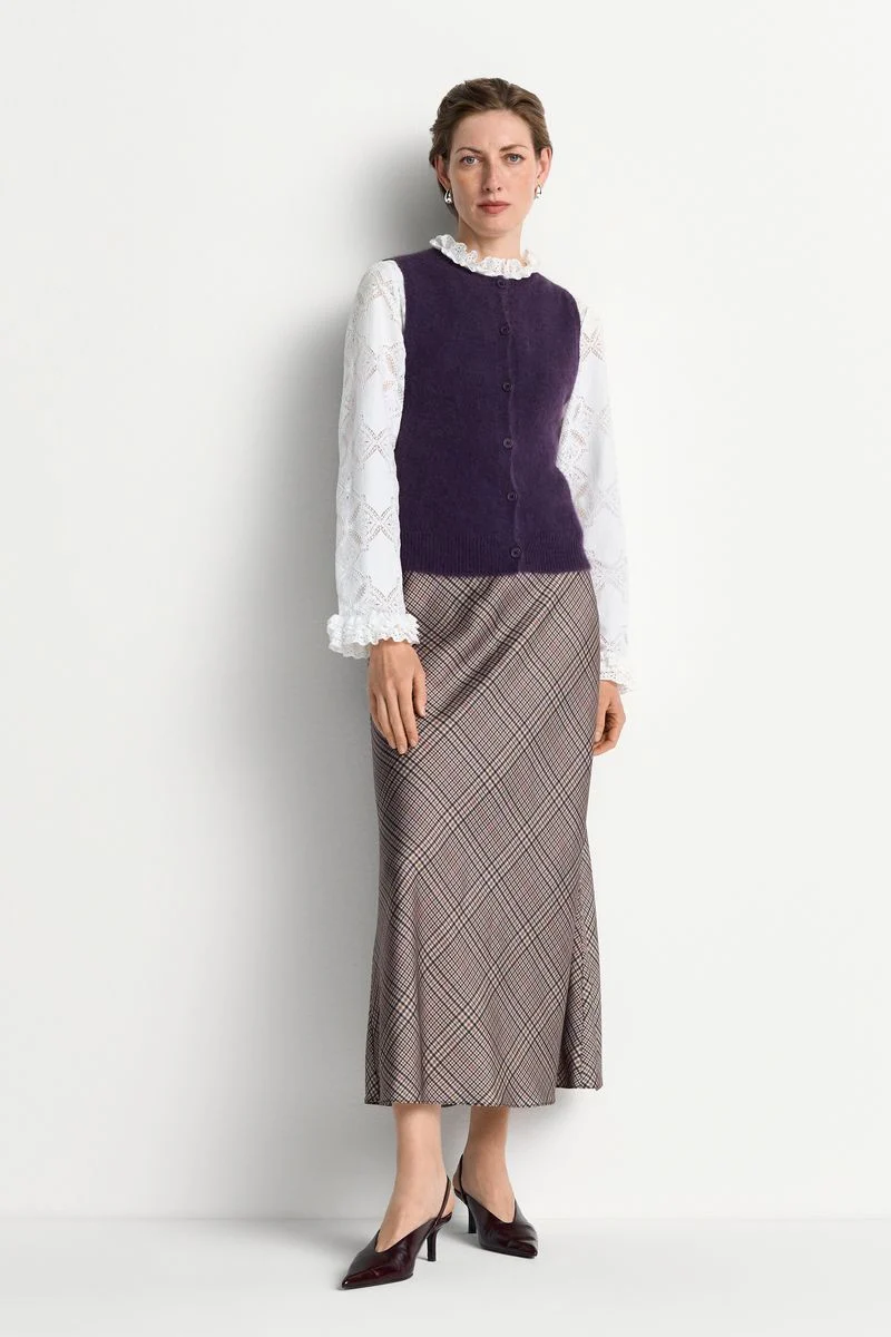 Printed Satin Midi Skirt with Check