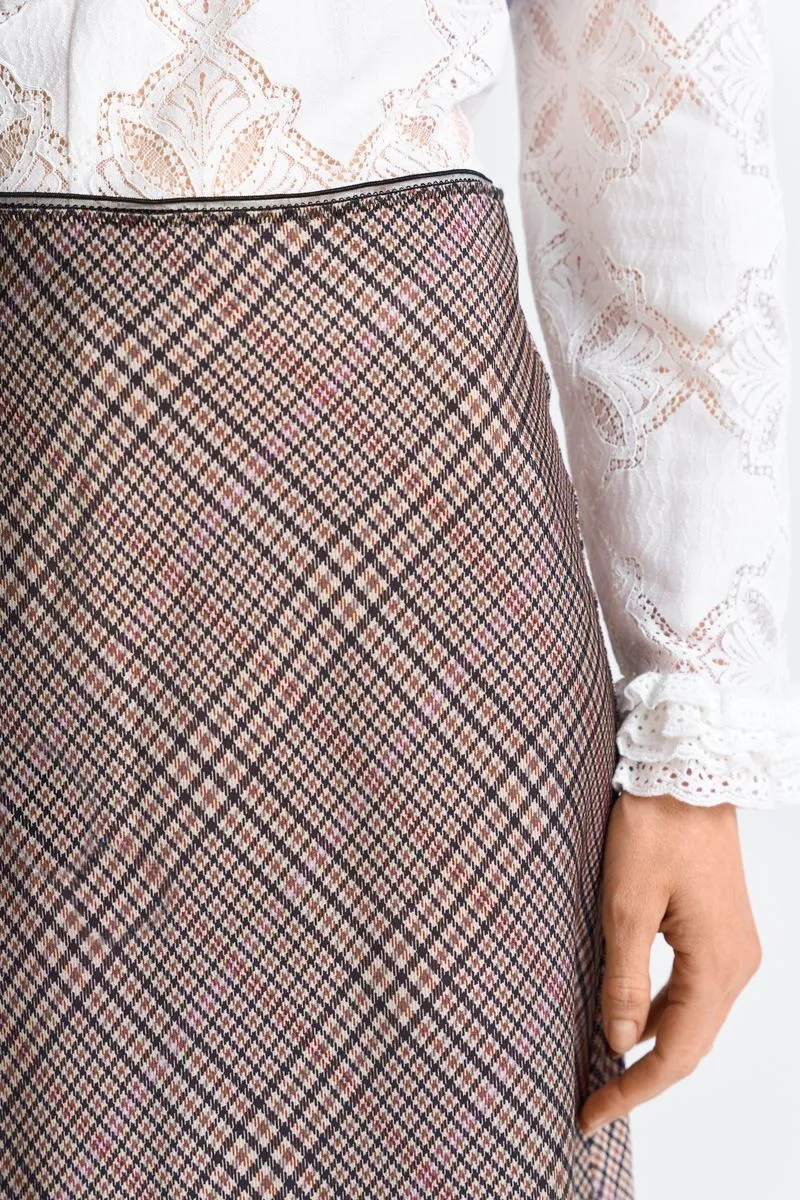 Printed Satin Midi Skirt with Check