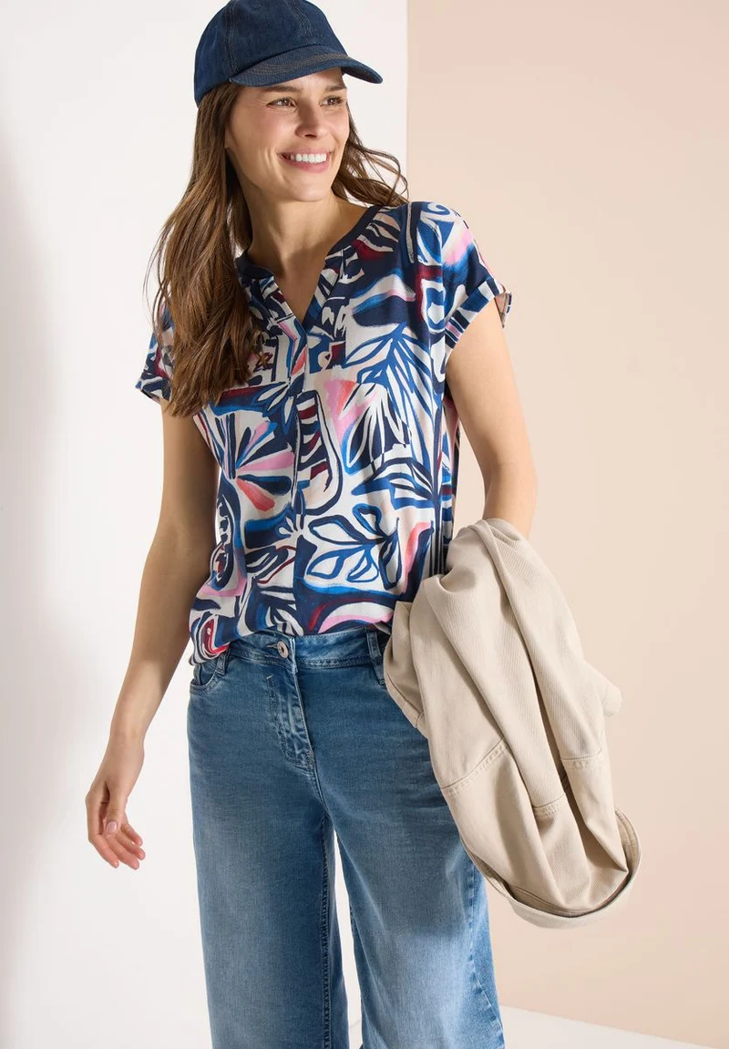 T-Shirt mit Split Neck und Grafikprint
