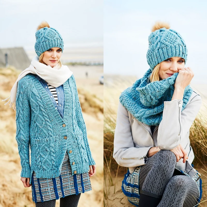 Strickanleitung Stylecraft Special „Aran With Wool“ Nr. 9554: Jacke, Schal und Mütze