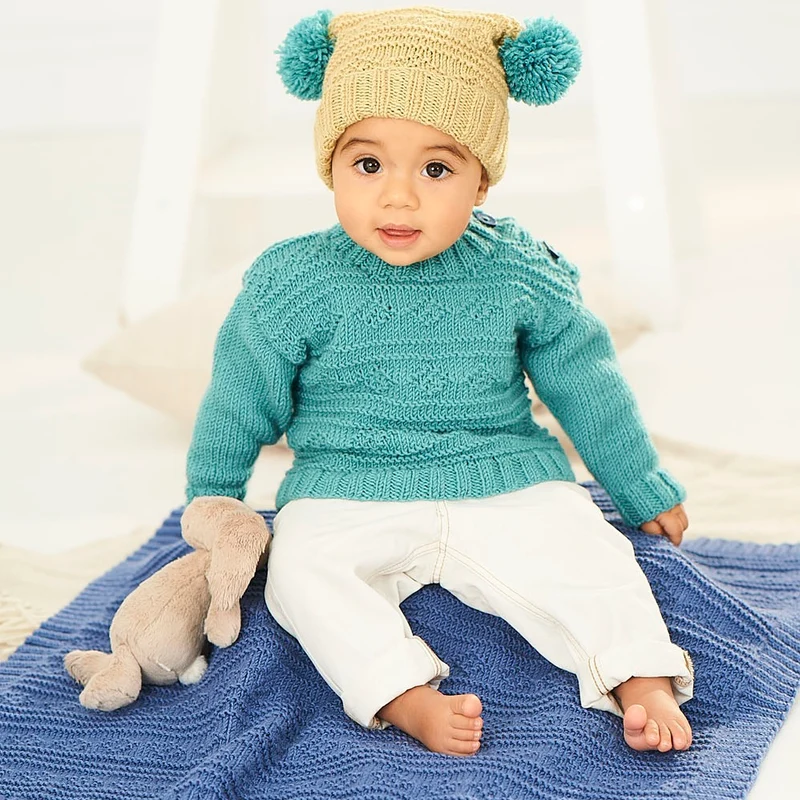 Strickanleitung Stylecraft Bambino DK Nr. 9761: Babypullover, Mütze und Decke