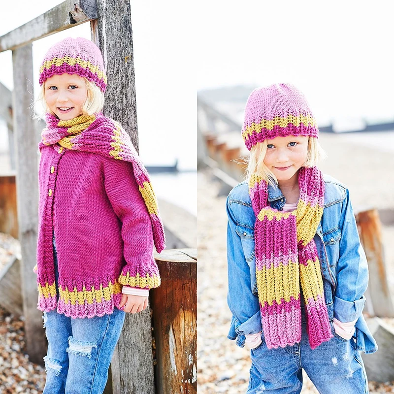 Strickanleitung Stylecraft Bellissima DK Nr. 9706: Jacke, Schal und Mütze für Mädchen