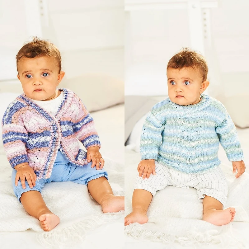 Strickanleitung Stylecraft Bambino Prints DK Nr. 9843 Baby-Jacke und -Pullover