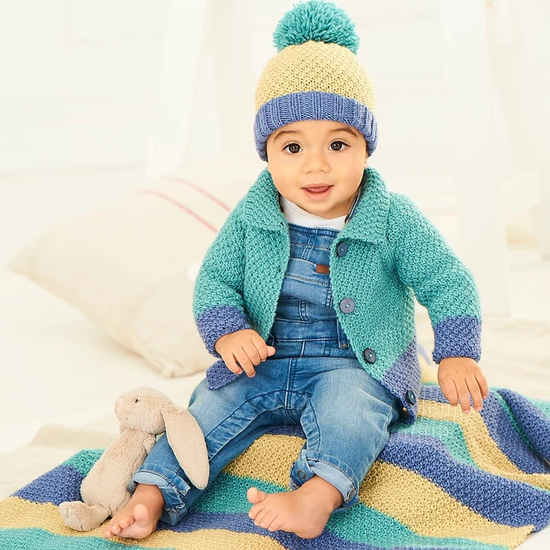Strickanleitung Stylecraft Bambino DK Nr. 9757: Babyjäckchen, Mütze und Decke