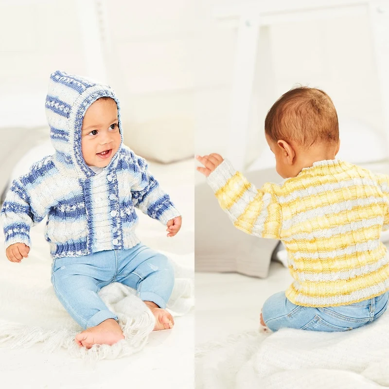 Strickanleitung Stylecraft Bambino Prints DK Nr. 9841 Baby-Pullover und Kapuzenpullover