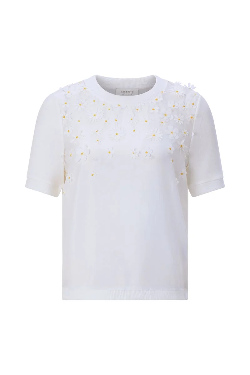 Knit Mat Mix T-Shirt with Flower Application
