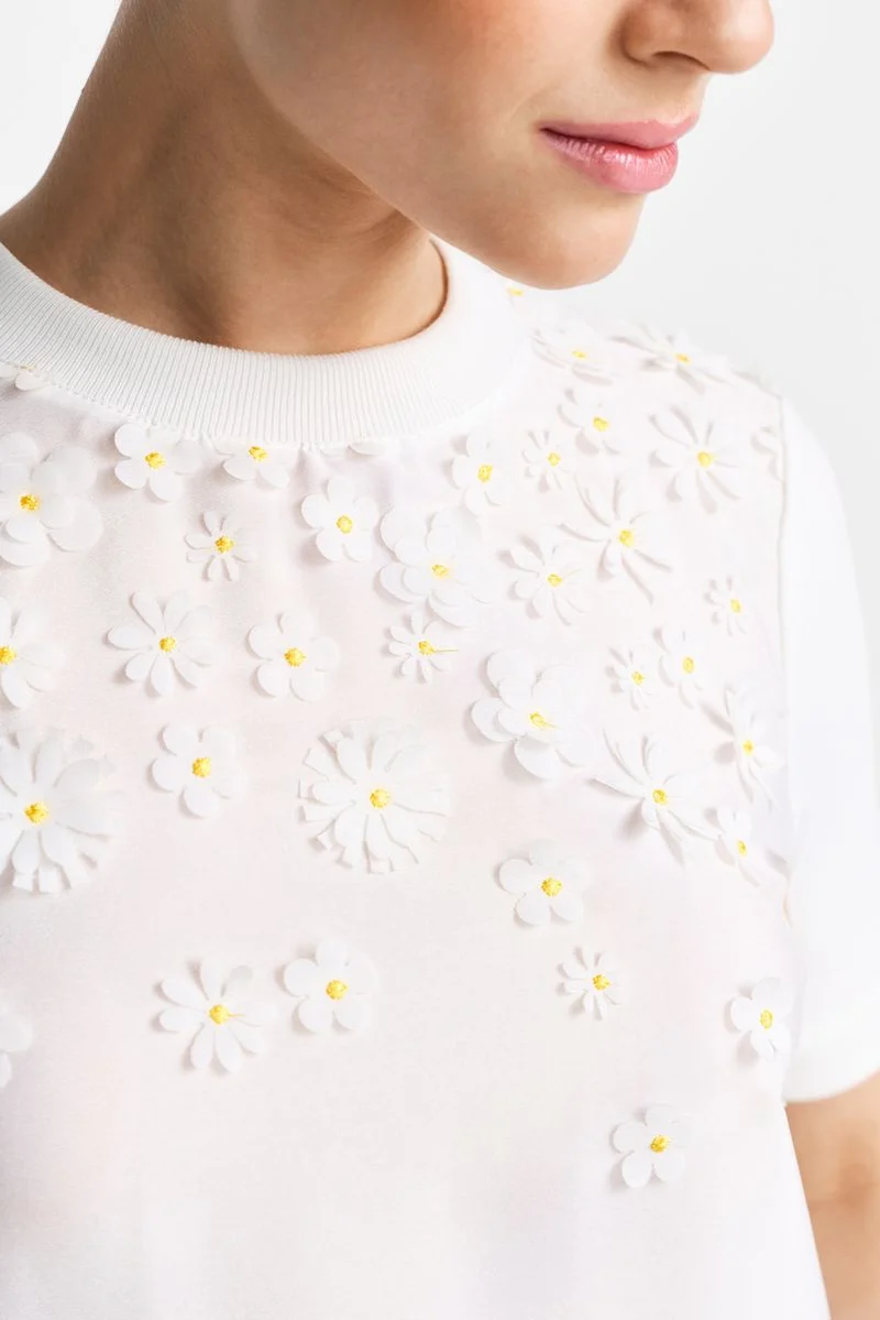 Knit Mat Mix T-Shirt with Flower Application