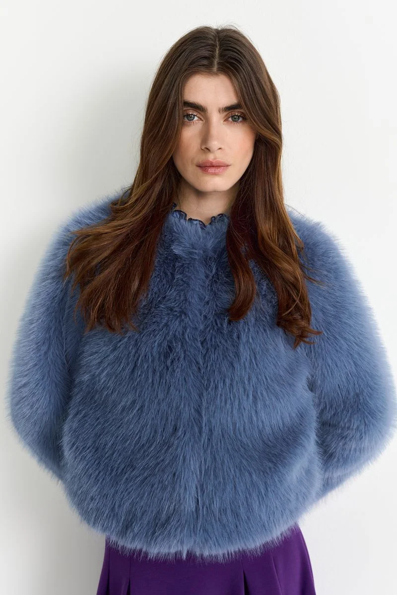 Cropped Long Hair Faux Fur Jacket