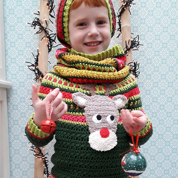 Häkelanleitung für Weihnachtspullover, Mütze und Schal