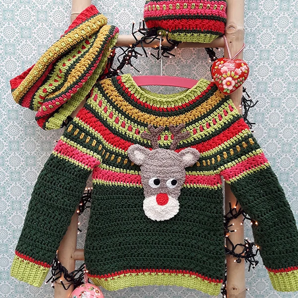 Häkelanleitung für Weihnachtspullover, Mütze und Schal