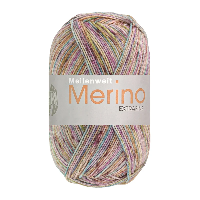 Lana Grossa Meilenweit 100 Merino Extrafine Mountain 7608 Hell-/Dunkelbraun/Terrakotta/Petrol/Rotviolett/Pistazie/Naturweiß gestreift