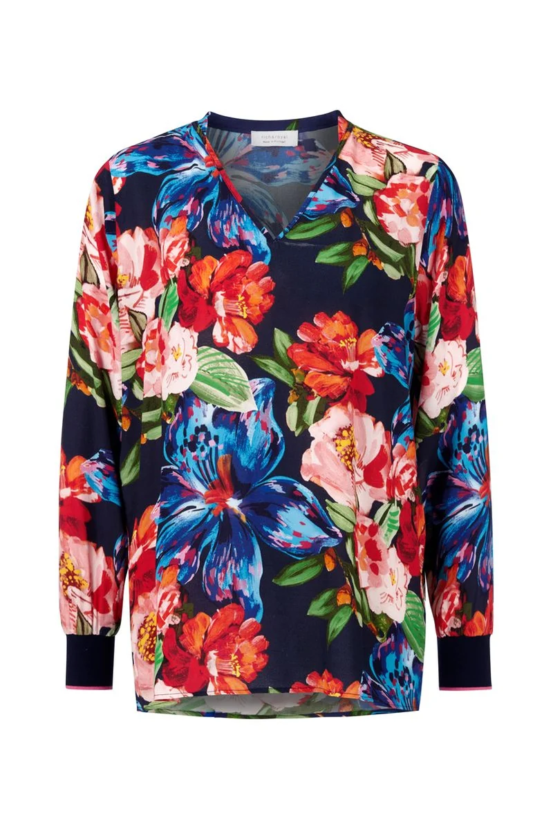 printed V-neck blouse with knit cuffs