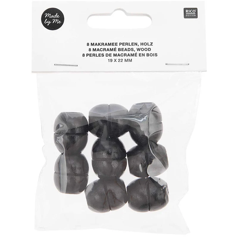 Rico Makramee Holzperlen 19 x 22 mm, schwarz – 8 Stück