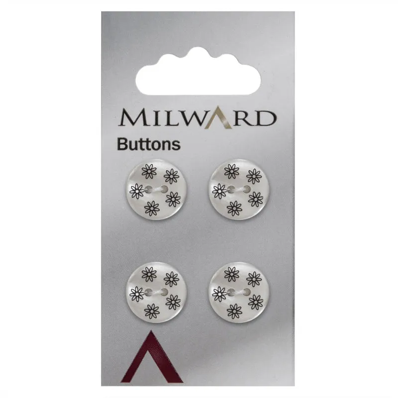 Milward-Knopf, Perlmuttweiß mit dunkelblauen Blumen, 15 mm (4 Stück)