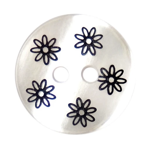 Milward-Knopf, Perlmuttweiß mit dunkelblauen Blumen, 15 mm (4 Stück)