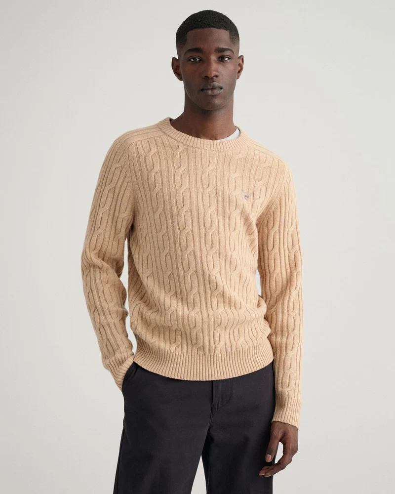 Lambswool Rundhalspullover mit Zopfmuster