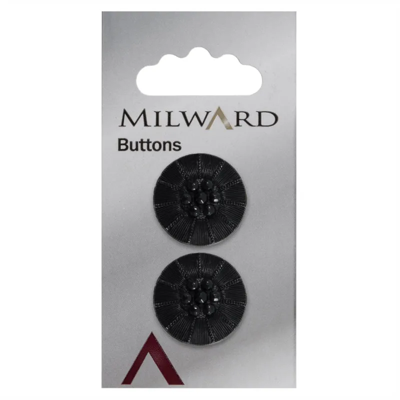 Milward Schwarzer runder Knopf mit Verzierung und schwarzen Glitzersteinen, 22 mm (2 Stück)