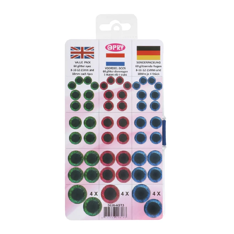 Opry Glitter-Tieraugen, zweifarbig, 8–18 mm, Grün / Rosa / Blau. 60 Stück