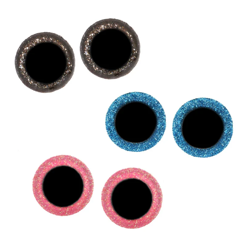Opry Glitter-Tieraugen, zweifarbig, 8–18 mm, Gold / Blau / Rosa. 60 Stück