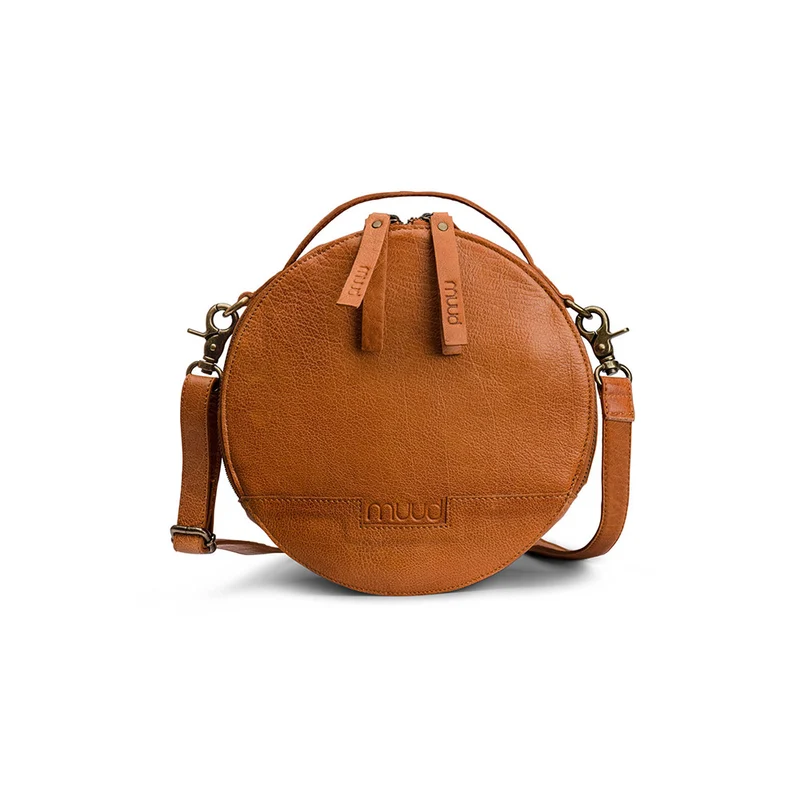 MUUD Bella Whisky – Handgefertigte runde Umhängetasche aus Leder, Ø 23 x 9 cm