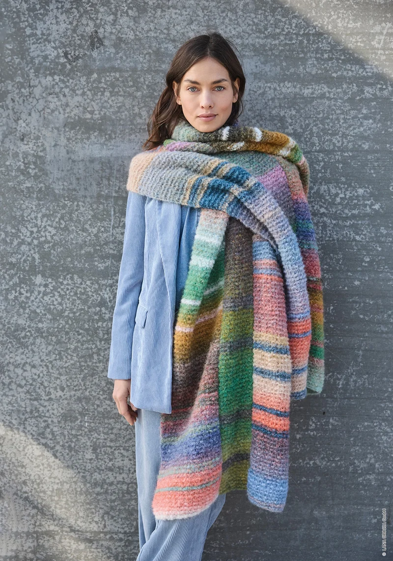 Lana Grossa Gigante Multi 102 Graubraun, Petrolblau, Mandarine, Graurot, Dunkelviolett, Lila