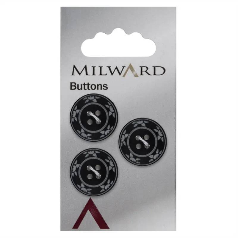 Milward-Knopf, Schwarz, mit Blumenmotiv, 20 mm (3 Stück)
