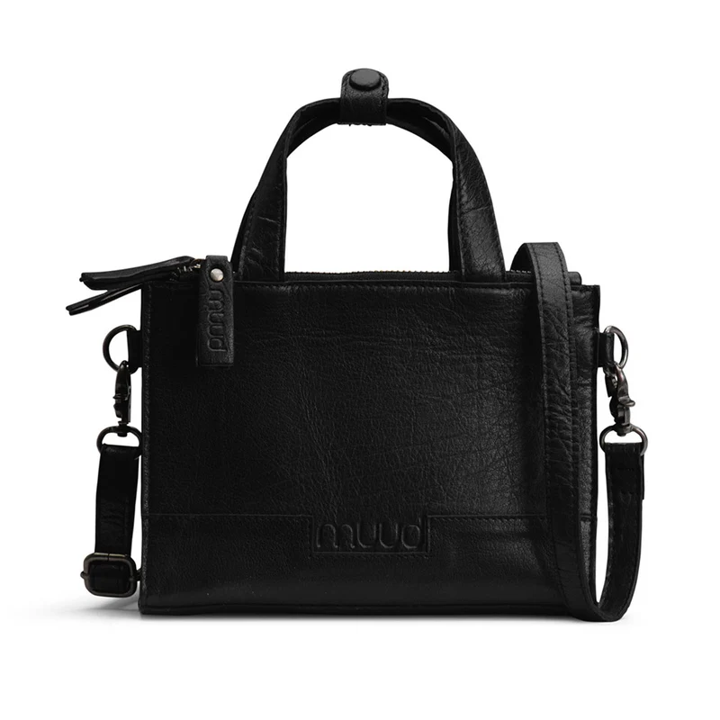 MUUD Dac – Schwarze, handgefertigte Leder-Umhängetasche, 20 x 14,5 cm