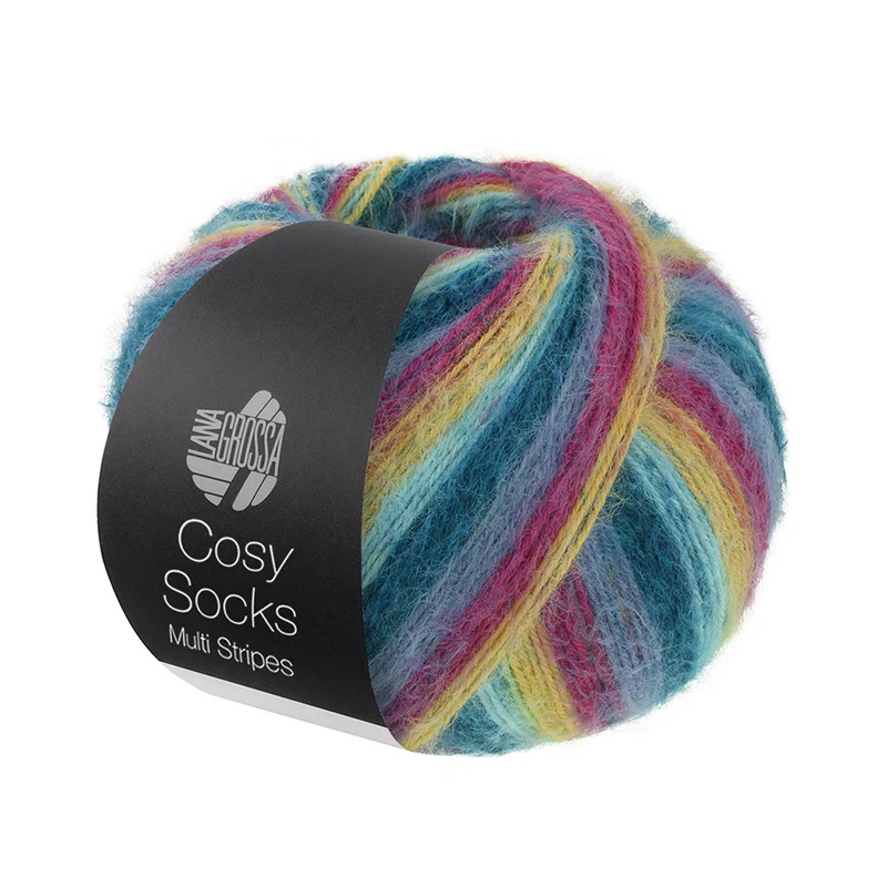 Lana Grossa Cosy Socks Multi Stripes 155 Dunkelpetrol/Hell türkis/Gelb/Orchidee/Grau-Violett
