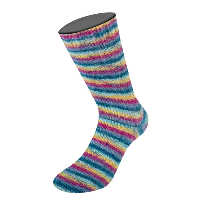 Lana Grossa Cosy Socks Multi Stripes 155 Dunkelpetrol/Hell türkis/Gelb/Orchidee/Grau-Violett
