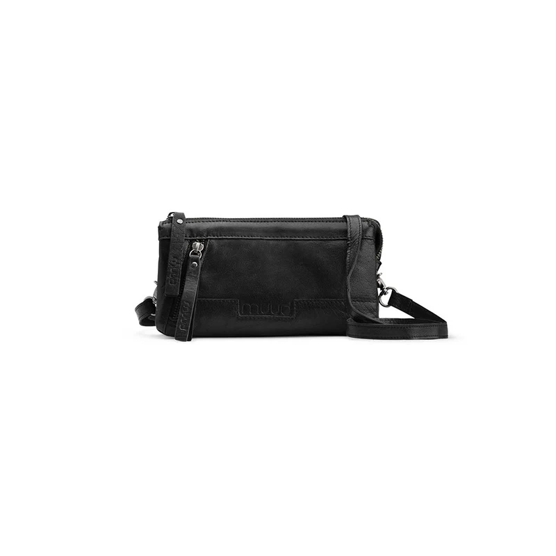 MUUD Riga Black – Handgefertigte Crossover-Tasche aus Leder, ø 12 cm x 22 cm