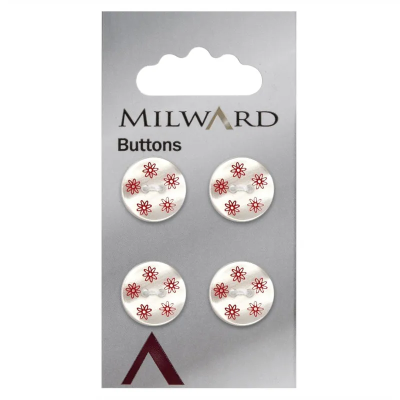 Milward Perlmutt-Knopf, weiß mit roten Blumen, 15 mm (4 Stück)