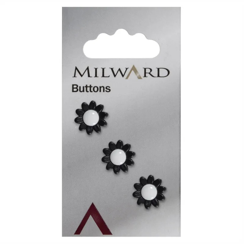 Milward Knopf „Blume“, Schwarz mit Weiß, 14 mm (3 Stück)