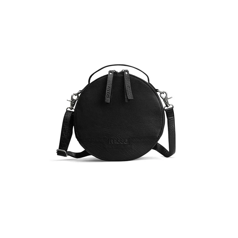 MUUD Bella Black – Handgefertigte runde Lederschultertasche, Ø 23 × 9 cm