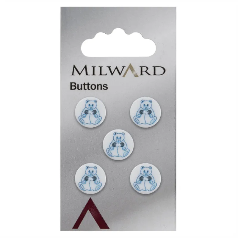 Milward Runder Knopf mit Bärenmotiv, Weiß mit Blau, 15 mm (5 Stück)