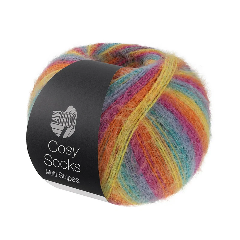 Lana Grossa Cosy Socks Multi Stripes 151 Petrol/Rauchblau/Fuchsia/Orange/Gelb