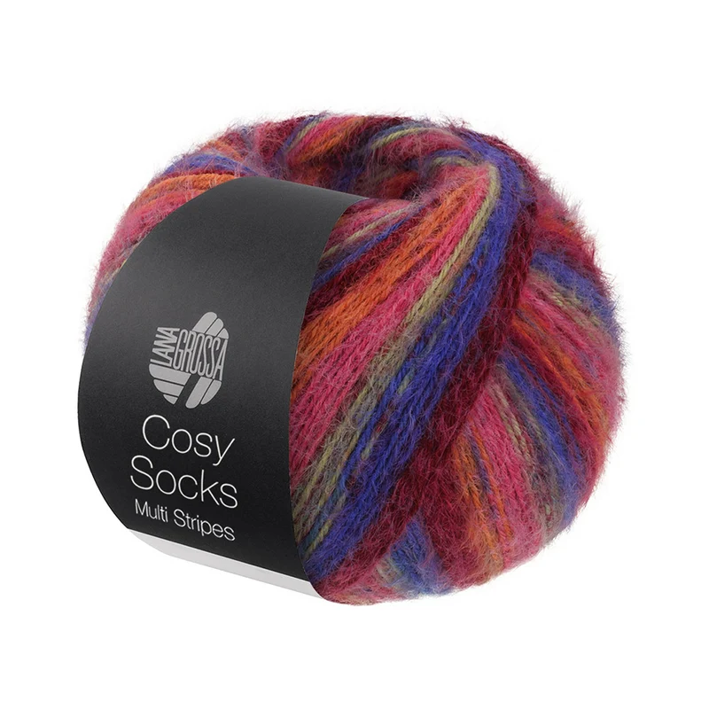 Lana Grossa Cosy Socks Multi Stripes 156 Blauviolett/Weinrot/Kürbis/Pink/Graugrün