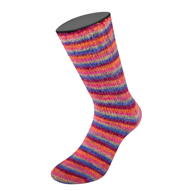 Lana Grossa Cosy Socks Multi Stripes 156 Blauviolett/Weinrot/Kürbis/Pink/Graugrün
