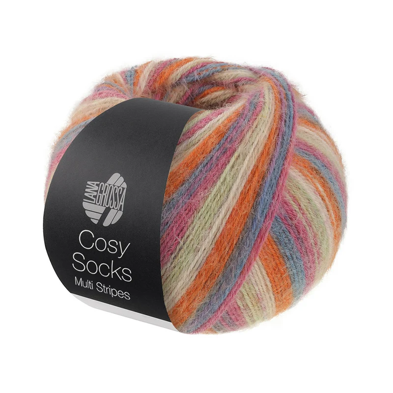 Lana Grossa Cosy Socks Multi Stripes 154 Dunkelgrau/Graublau/Fuchsia/Hellgrün/Creme/Orange