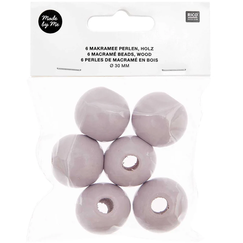 Rico Makramee Holzperlen 30 mm Hellgrau – 6 Stück